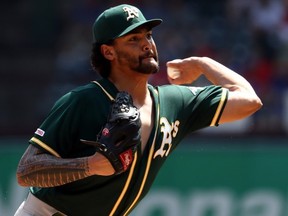 Sean Manaea of the Oakland Athletics throws against the Texas Rangers in the first inning at Globe Life Park in Arlington on September 15, 2019 in Arlington, Texas.