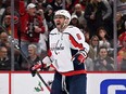 Capitals captain Alex Ovechkin celebrates after scoring his 800th career NHL goal and third goal of the game against the Blackhawks at United Center in Chicago, Tuesday, Dec. 13, 2022.