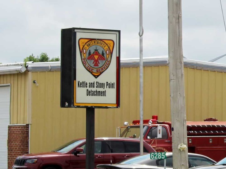  A sign at the Kettle and Stony Point First Nation detachment of the Anishinabek Police Service is shown in this 2020 file photo.