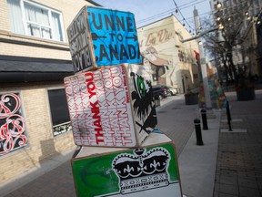 A new art installation, mostly made out of recycled materials, can be seen on Maiden Lane in downtown Windsor, on Tuesday, Dec. 20, 2022.