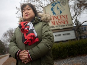 Greater Essex County District School Board trustee, Linda Qin, is pictured outside Vincent Massey Secondary School, on Tuesday, Dec. 13, 2022.