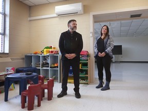 Essex MPP Anthony Leardi and Mayor of the town of Essex Sherry Bondy are shown at the Maedel Community Centre on Wednesday, December 21, 2022. A press conference was held at the facility to announce funding for upgrades thanks to an Ontario Trillium Foundation.