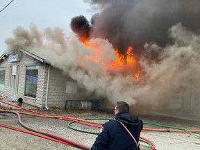 Town of Essex firefighters respond to flames at a business property in the community of Harrow on Dec. 21, 2022. Image courtesy of Chief Rick Arnel of Town of Essex Fire.