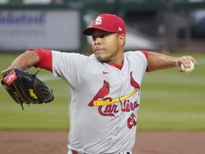 St. Louis Cardinals starter Jose Quintana pitches against the Pittsburgh Pirates during the first inning of a baseball game, Monday, Oct. 3, 2022, in Pittsburgh.
