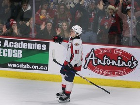 Windsor Spitfires' captain Matthew Maggio celebrates his third goal of the first period of Thursday's 6-3 win over the Erie Otters at the WFCU Centre.
on Thursday, Maggio tied a team record with five goals.