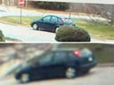 Surveillance camera images of a dark-coloured vehicle at the scenes of break-in crimes in Lakeshore on Dec. 12, 2022.