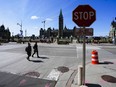 The intersection of Wellington St. and Metcalfe St. is seen in downtown Ottawa, May 5, 2022. Liberal MPs on a House of Commons committee that studied parliamentary security after the "Freedom Convoy" say that Parliament Hill itself should expand to include nearby streets.