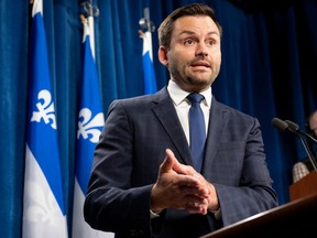 Parti Quebecois Leader Paul St-Pierre Plamondon speaks at a news conference, Monday, October 17, 2022 at the legislature in Quebec City. St-Pierre Plamondon told reporters he didn't want to swear an oath to King Charles III.