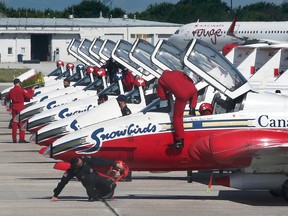 WINDSOR, ONTARIO. JUNE 15, 2021 - Members of the Canadian Forces Snowbirds team prepare to depart the Windsor International Airport on Tuesday, June 15, 2021. The squadron performed in Ypsilanti, Michigan over the weekend. From Windsor they headed directly to London for a fly-over.