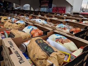 Boxes of turkeys and other food items ready to be given away at the Talking Over Turkey event in Leamington in December 2018.