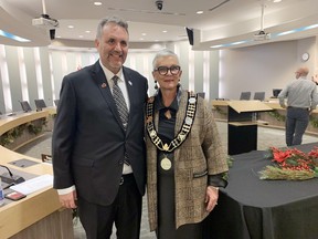Budget pressures make for a challenging start for the new Essex County council, led by Leamington Mayor Hilda MacDonald and Tecumseh Deputy Mayor Joe Bachetti, shown Nov. 23, 2022, after being elected Essex County warden and deputy warden, respectively.