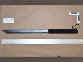 An evidence photo of the machete wielded by a senior-age man before he was fatally shot by a Windsor police officer in the downtown area on Aug. 15, 2022.