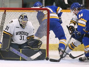University of Windsor Lancers' goalie Nathan Torchia, seen in action earlier this season, made 29 saves to help the club to a 2-1 OUA road win on Saturday.