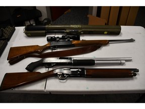 A cache of weapons, including a rocket launcher, was seized by Windsor police on Jan. 13, 2023, and two suspects were arrested and charged following an investigation in east Windsor.
