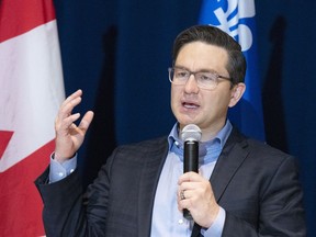 Federal Conservative Party Leader Pierre Poilievre speaks at an adult education centre as he starts a visit to Quebec, in Montreal on January 16, 2023.