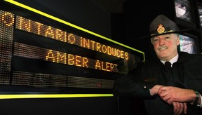 An Ontario wide Amber Alert, a public safety program was introduced by The Ontario gov’ t working with the OPP. The Ministry of Transportation’s network of electronic highway message signs will alert the public by posting descriptions of victims and suspects in the case of abducted children. Alex Kehoe, inspector of the GTA for the OPP is next to one of the electronic signs.