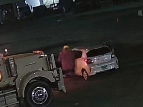 The Windsor Police Service’s Arson Unit is seeking the public’s assistance to identify a suspect involved in the deliberate burning of two conventional tractor-trailers.