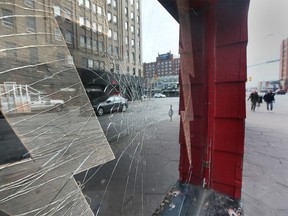 A broken window is shown at the Phog Lounge in downtown Windsor on Tuesday, January 10, 2023.