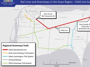 ESSEX, Ont., Jan. 20, 2023. Map of new Essex Region Conservation Authority trail to follow along abandoned CASO railway line through Essex County. COURTESY OF ESSEX REGION CONSERVATION AUTHORITY