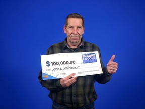 John Lauzon, 62, of Chatham, won the $100,000 Encore prize on the Dec. 6, 2022 Lotto Max draw. PHOTO Handout