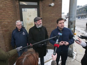 Windsor city councillors Jim Morrison, left, Kieran McKenzie and Fabio Costante are shown during a press conference on Friday, January 27, 2023 in front of the approved consumption and treatment services site on Wyandotte Street East.