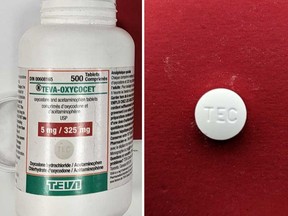 Images released by Windsor police showing counterfeit oxycodone packaging and pills. Police said the pills contain fentanyl, and may be circulating in the region, Jan. 25, 2023.