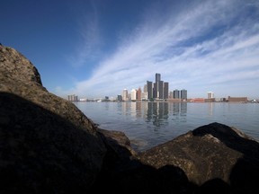 The Detroit skyline is pictured from the Windsor shoreline on March 12, 2016.
