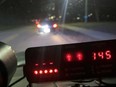 A photo released by Essex County OPP showing a speeder stop in Kingsville on the night of Jan. 21, 2023. The vehicle reached 145 km/h in a 60 km/h zone on County Road 20.