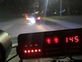 A photo released by Essex County OPP showing a speeder stop in Kingsville on the night of Jan. 21, 2023. The vehicle reached 145 km/h in a 60 km/h zone on County Road 20.