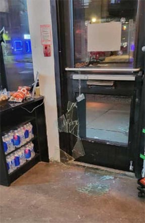 An image of the damaged glass door at La Vern’s Market in downtown Windsor on Jan. 4, 2022.