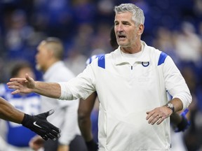 Indianapolis Colts head coach Frank Reich gestures on the field before an NFL football game against the Washington Commanders, Sunday, Oct. 30, 2022, in Indianapolis.