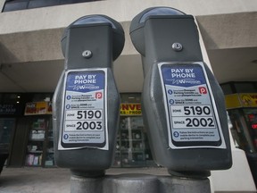 Parking meters are shown in downtown Windsor on Tuesday, January 10, 2023.