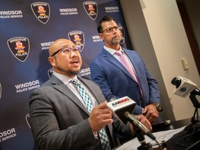 Sgt. Darius Goze, left, and Sgt. Dave Tennent, hold a press conference to provide information on an ongoing attempted murder investigation, at Windsor Police Headquarters, on Wednesday, Jan. 11, 2023.