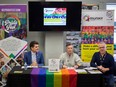From left, Andrew Dowie, MPP for Windsor-Tecumseh, Wendi Nicholson, president of Windsor-Essex Pride Fest, and David Lenz, community development for Windsor-Essex Pride Fest, hold a press event launching the Qmunity Windsor-Essex Needs Assessment, on Friday, Jan. 27, 2023.