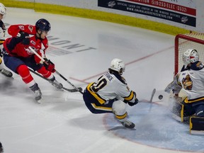 Windsor Spitfires' forward Colton Smith is unable to convert a scoring chance against Erie Otters' goaltender, Kyle Downey during Thursday's game at the WFCU Centre.