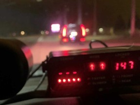 A photo released by Essex County OPP showing a speeder stop in Kingsville around 4 a.m. on Jan. 22, 2023.