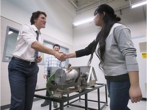 During a visit earlier Tuesday at the University of Windsor’s Ed Lumley Centre for Engineering, Prime Minister Justin Trudeau greeted Areej Fatima and other engineering students and researchers.