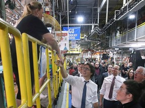 There was plenty of handshaking and greeting autoworkers as Prime Minister Justin Trudeau toured the Stellantis Canada Windsor Assembly Plant on Tuesday.