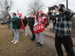 Some protestors followed Prime Minister Justin Trudeau around during his trip to Windsor on Tuesday, Jan. 17, 2023. Here some of his critics gather outside the University of Windsor’s Ed Lumley Centre for Engineering while Trudeau was inside.