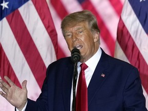 Former U.S. president Donald Trump announces a third run for president as he speaks at Mar-a-Lago in Palm Beach, Fla., Nov. 15, 2022.