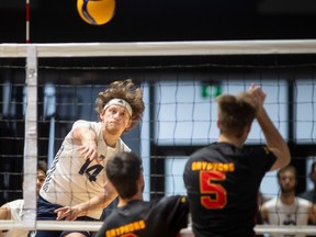 The Windsor Lancers'  Luca Nastase, left, delivers a powerful spike against Guelph in Saturday's OUA men's volleyball match. 

Windsor is riding a three-game winning streak after beating Guelph 3-0 by scores of 27-25, 25-14 and 25-16.