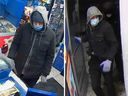 Security camera footage of robbery suspects in Windsor on December 25 (left) and December 26 (right) 2022.