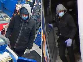 Security camera images of robbery suspects in Windsor on Dec. 25 (left) and Dec. 26 (right), 2022.