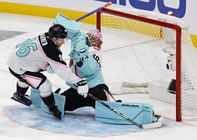 Atlantic Division forward Mitchell Marner of the Toronto Maple Leafs shoots the puck against Metropolitan Division goaltender Ilya Sorokin of the New York Islanders during the second period of a semifinal game during the 2023 NHL All-Star Game at FLA Live Arena.