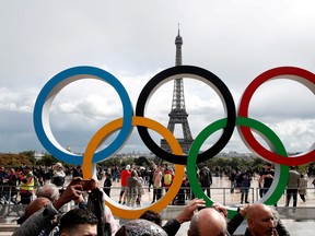 Olympic rings to celebrate the IOC official announcement that Paris won the 2024 Olympic bid are seen in front of the Eiffel Tower in Paris, France, September 16, 2017.