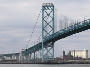 The Ambassador Bridge is shown on Saturday, February 25, 2023. Detroit City Council is allowing the Ambassador Bridge to acquire the Riverfront Park immediately west of the bridge.