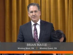 MP Brian Masse (NDP -- Windsor West) stands in the House of Commons during question period to demand that the federal government stand by its committment to fund 40 per cent of Windsor's flood mitigation projects through the Infrastructure Canada Disaster Mitigation and Adaptation Fund on Wednesday, Feb. 15, 2023.