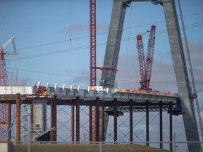 Construction of the Gordie Howe International Bridge continues on Friday, Feb. 24, 2023.