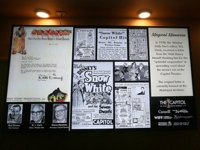 A display showcasing a letter from Walt Disney thanking the Capitol Theatre for screening Snow White and the Seven Dwarfs is shown at the institution’s 100th anniversary event on Saturday, February 18, 2023.