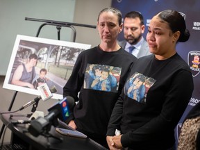 Nike Williamson (far right) and Jennifer Williamson (centre) plead for tips on the killer of Dee Williamson and her son, Xavier Rucker, whose bodies were found Feb. 27, 2003. Photographed twenty years later on Feb. 27, 2023.